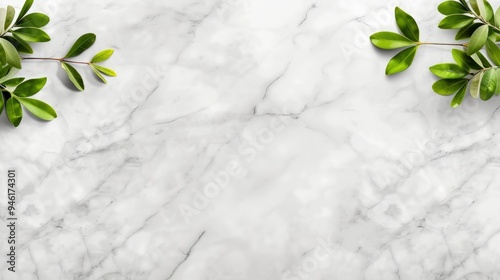 Green Leaves on White Marble Background