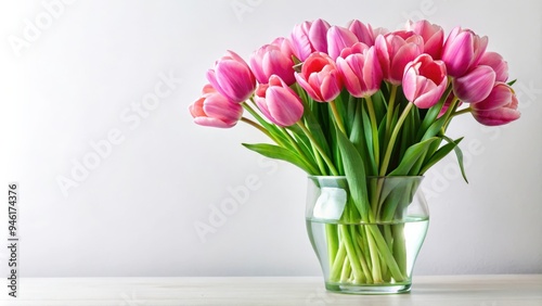 Beautiful arrangement of pink tulips in a glass vase on a white background