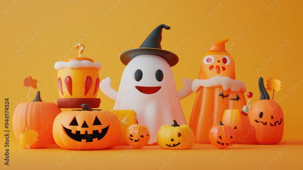 3D cartoon Halloween costumes and treats, with a clean, simple background and an abstract, playful design 3D cartoon Halloween costumes and treats, with a clean, simple background and an abstract, playful design