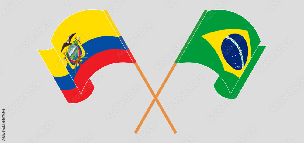 Crossed and waving flags of Republic of Ecuador and Brazil Crossed and waving flags of Republic of Ecuador and Brazil