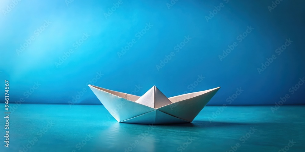 Paper origami boat floating on blue background with space for text, love concept Paper origami boat floating on blue background with space for text, love concept