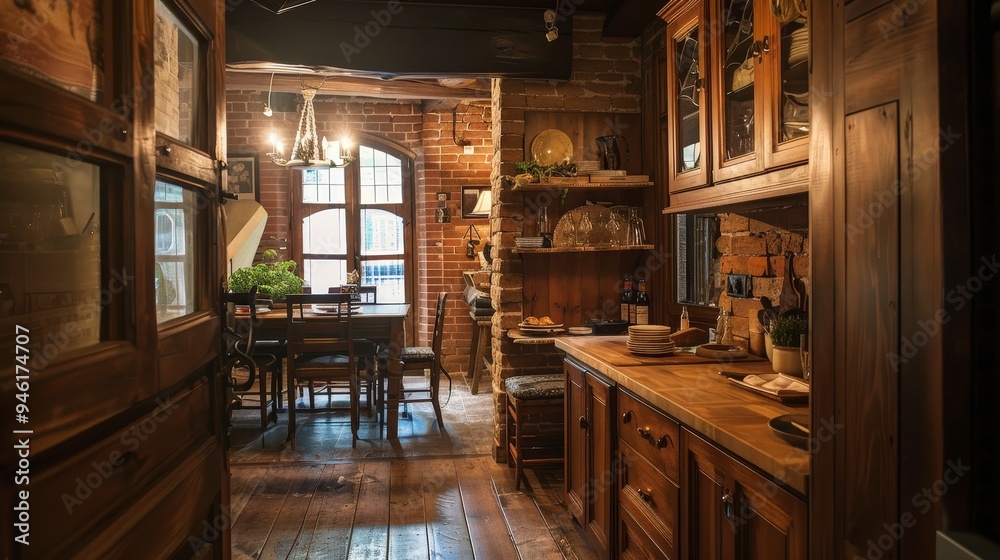 Cozy wooden kitchen with a dining area and rustic decor. Cozy wooden kitchen with a dining area and rustic decor.