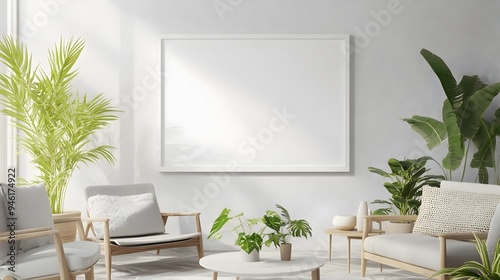 Minimalist and serene 3D rendered mockup frame showcased in a farmhouse inspired living room interior featuring a clean white frame light and airy atmosphere mid century modern furniture