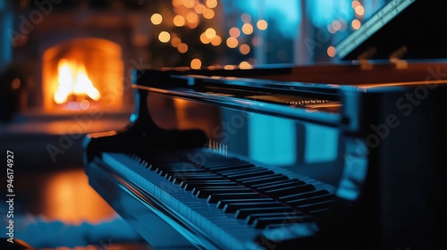 A piano in front of a fireplace.
