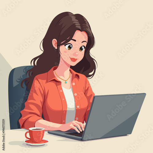 Cheerful young woman productively working on laptop with coffee beside against neutral backdrop