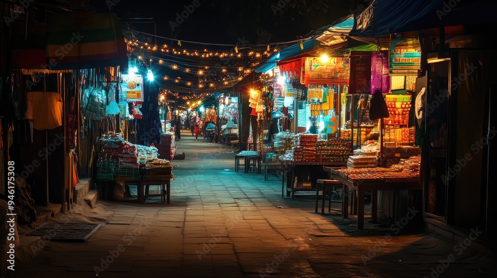 Silent Indian Market at Night: A bustling Indian market at night, with colorful lights and empty stalls Silent Indian Market at Night: A bustling Indian market at night, with colorful lights and empty stalls