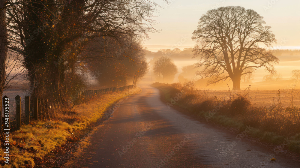 A quiet country road at dawn, with the first light of day casting a golden glow over the landscape, the road lined with trees and soft morning mist rising from the fields A quiet country road at dawn, with the first light of day casting a golden glow over the landscape, the road lined with trees and soft morning mist rising from the fields