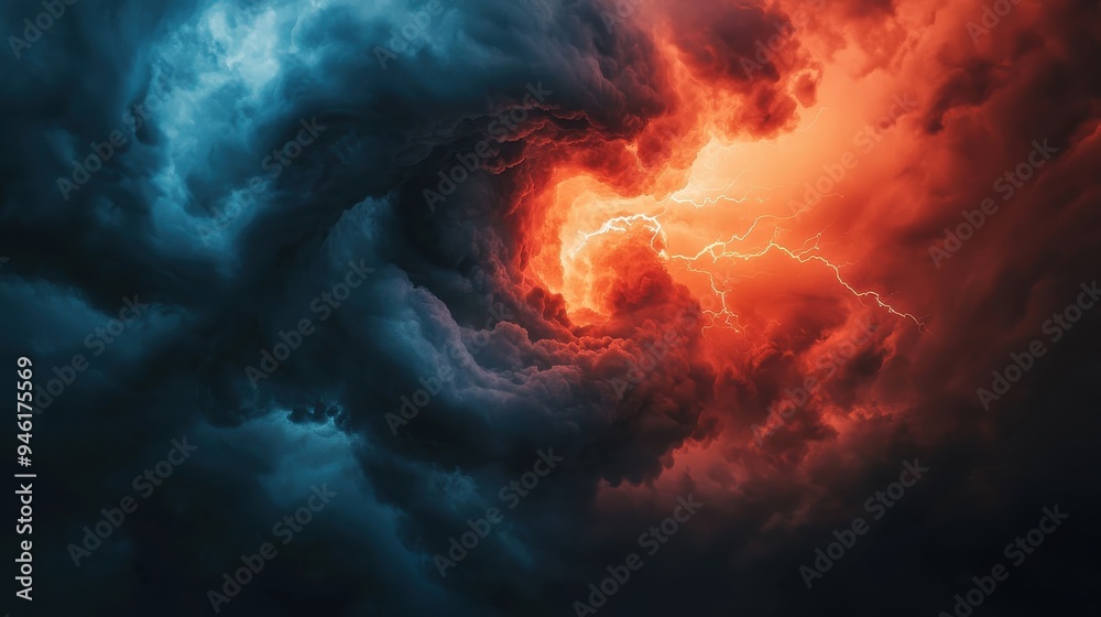 A stormy weather system with dark clouds, lightning, and a swirling tornado, gradually clearing to reveal a bright sun and calm skies A stormy weather system with dark clouds, lightning, and a swirling tornado, gradually clearing to reveal a bright sun and calm skies