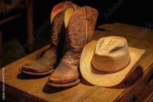 A pair of cowboy boots and a cowboy hat.