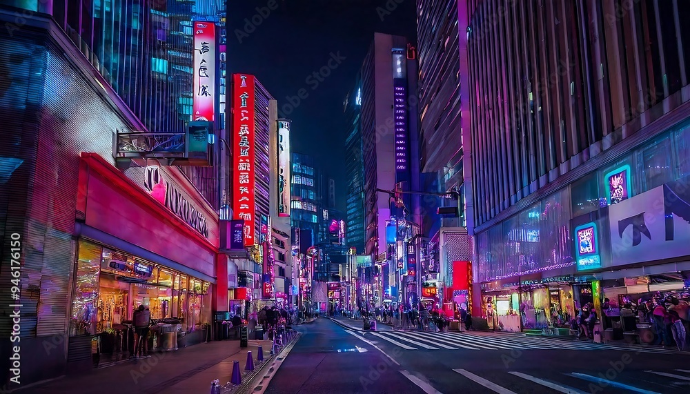 Obraz premium Wide-Angle Night View of Tokyo's Neon Streets in Downtown Shinjuku