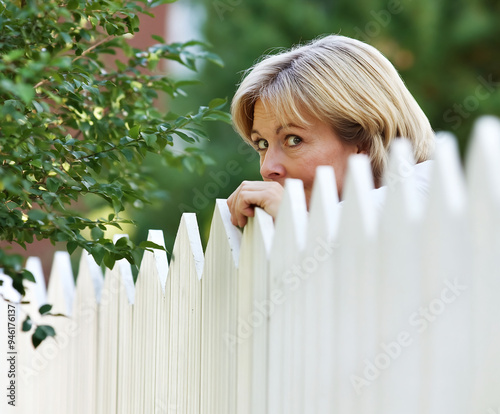 Through the Fence. The Inquisitive Look of a Nosy Woman. photo