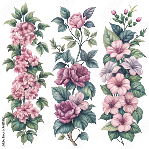 Botanical Illustration of Vertical Arrangements of Pink and Purple Flowers