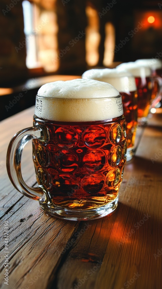 Row of beer steins resting on wooden tabletop in pub Row of beer steins resting on wooden tabletop in pub