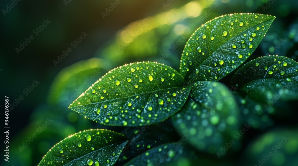 Bright green leaves holding tiny sparkling water droplets Bright green leaves holding tiny sparkling water droplets