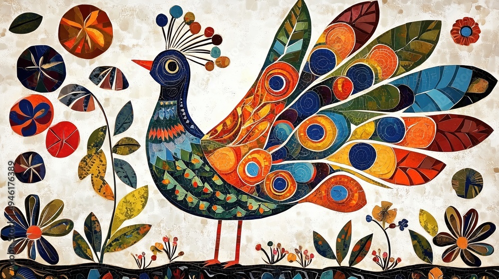 Obraz premium Vibrant peacock with multicolored feathers in various shapes, inspired by Mexican folk art. The peacock stands against a white textured background resembling aged parchment, featuring a stunning array