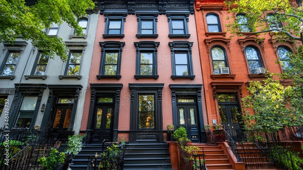 Fototapeta premium A beautifully restored old townhouse with charming facades and intricate brickwork, highlighting architectural preservation.