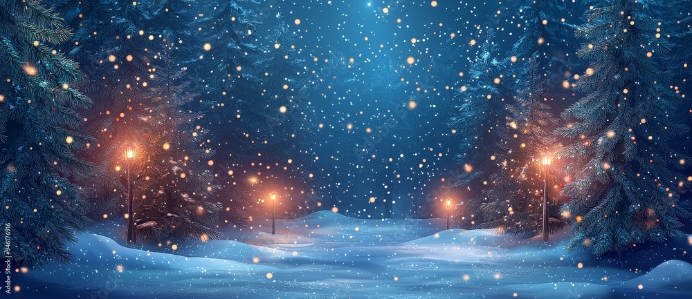 A snow-covered dark forest with lights and stars at night generated by stock A snow-covered dark forest with lights and stars at night generated by stock