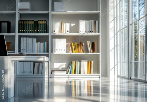 A white bookcase with books and file folders stands beside the desk in front of it.