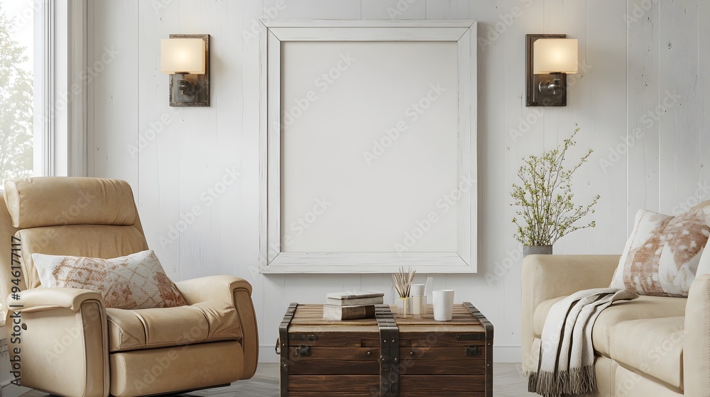 Mockup frame displayed in a cozy farmhouse style living room interior with tan leather recliner wooden trunk coffee table and sconce lighting Mockup frame displayed in a cozy farmhouse style living room interior with tan leather recliner wooden trunk coffee table and sconce lighting