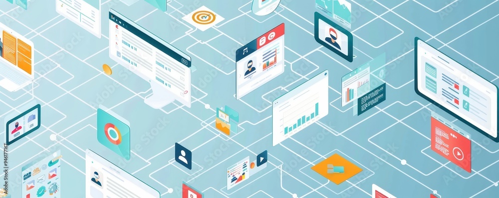 Digital network with various virtual interfaces and data exchange, representing technology and communication in a connected world. Digital network with various virtual interfaces and data exchange, representing technology and communication in a connected world.