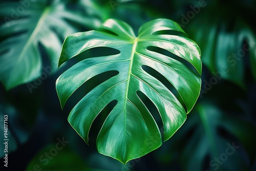 A close-up of a tropical monstera leaf, with its characteristic split and deep green hue photo