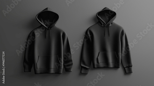 Two black hoodies hanging on wall mockup