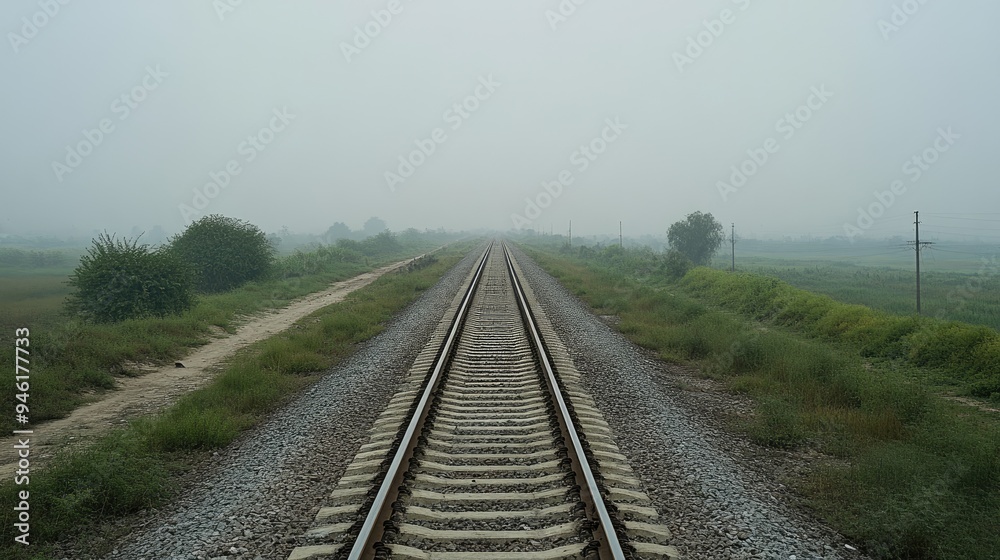 A long stretch of railway tracks disappearing into the distance, with no trains or people in sight A long stretch of railway tracks disappearing into the distance, with no trains or people in sight