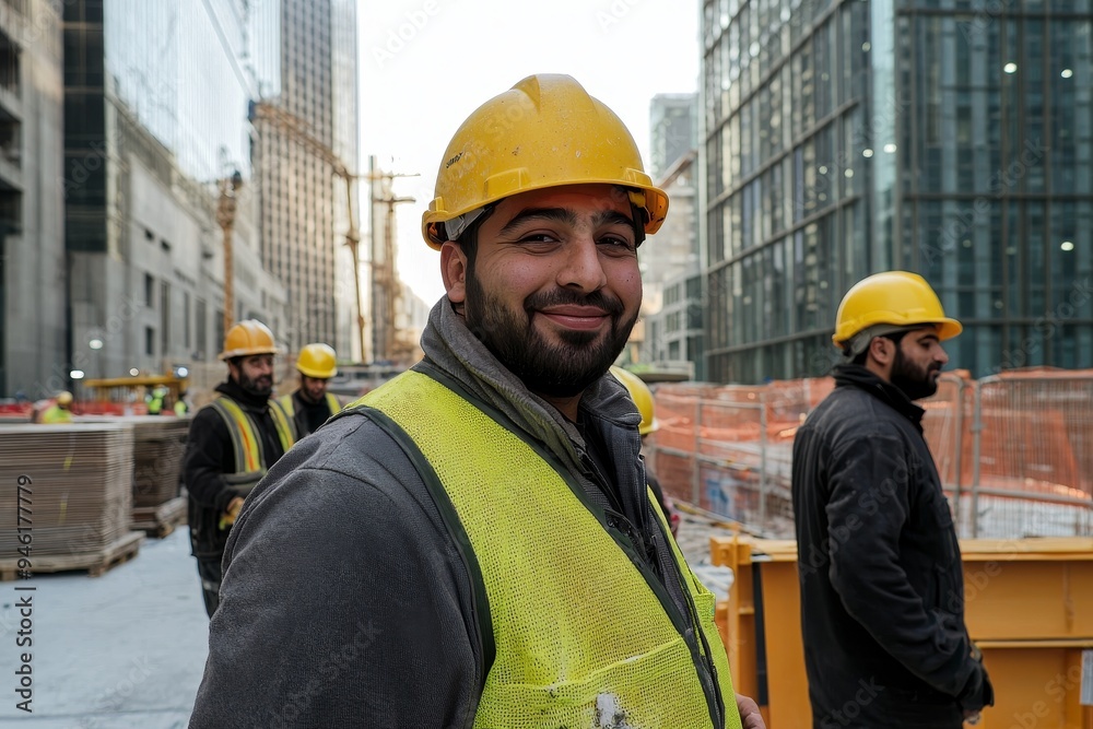 Uniformed construction workers smiling Uniformed construction workers smiling