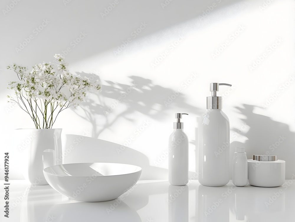 Variety of household essentials artfully arranged on a spotless white background with a sophisticated and understated composition featuring subtle textures reflections and even Variety of household essentials artfully arranged on a spotless white background with a sophisticated and understated composition featuring subtle textures reflections and even