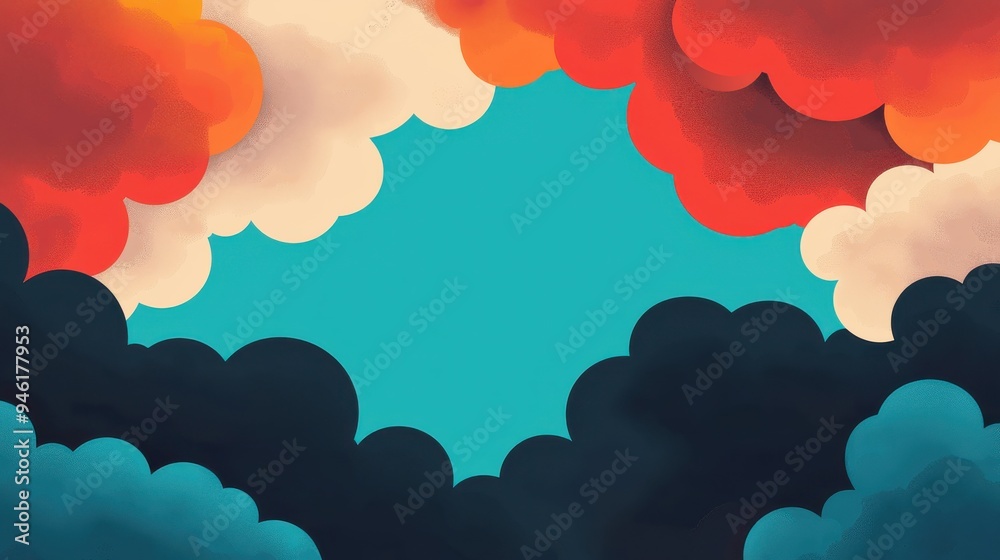 A weather map with swirling clouds and storms representing market turmoil, gradually clearing to reveal calm, sunny skies