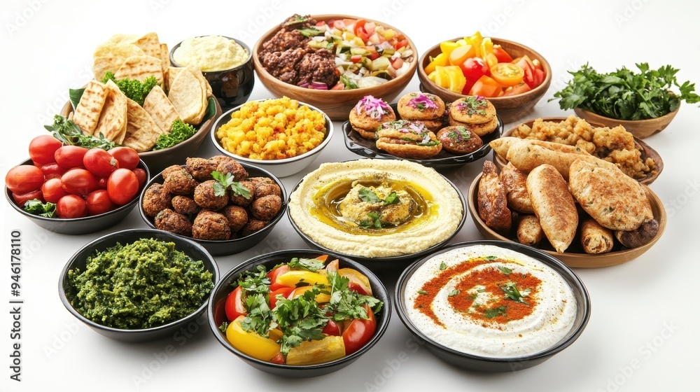 A beautifully arranged spread of Arabic cuisine featuring dips, breads, salads, and sweets, perfect for sharing at a festive occasion A beautifully arranged spread of Arabic cuisine featuring dips, breads, salads, and sweets, perfect for sharing at a festive occasion