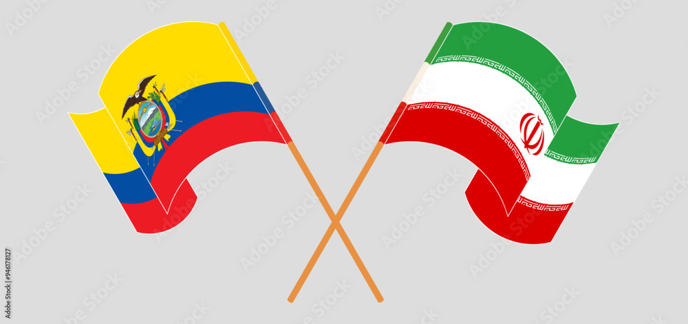 Crossed and waving flags of Republic of Ecuador and Iran Crossed and waving flags of Republic of Ecuador and Iran