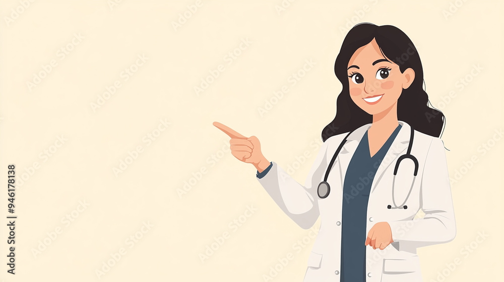 Friendly female doctor pointing while wearing a white coat and stethoscope in a light-colored background Friendly female doctor pointing while wearing a white coat and stethoscope in a light-colored background