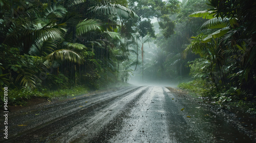 Fototapeta Naklejka Na Ścianę i Meble -  A road through a dense jungle during a torrential downpour, with muddy water rushing across the road, low visibility, and the sound of rain hammering down on the leaves