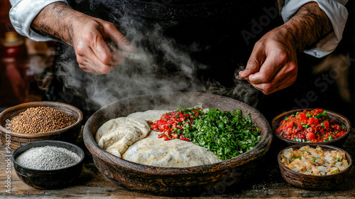 A Taste of Kuwait A Lavish Display of Traditional Kuwaiti and Arabic Cuisine Showcasing a Rich Variety of Dishes in an Opulent Dining Setting Celebrating Culinary Heritage and Flavors. photo