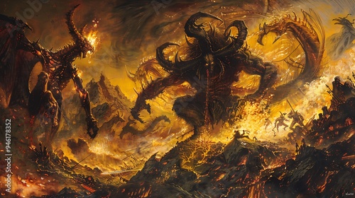 Towering demons with horns and scales, wielding fiery weapons in a landscape of eternal torment, fierce and threatening photo