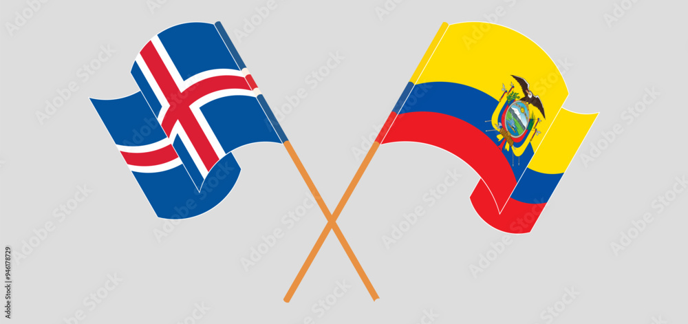 Crossed and waving flags of Iceland and Republic of Ecuador Crossed and waving flags of Iceland and Republic of Ecuador