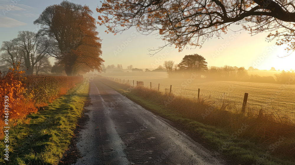 A quiet country road at dawn, with the first light of day casting a golden glow over the landscape, the road lined with trees and soft morning mist rising from the fields A quiet country road at dawn, with the first light of day casting a golden glow over the landscape, the road lined with trees and soft morning mist rising from the fields