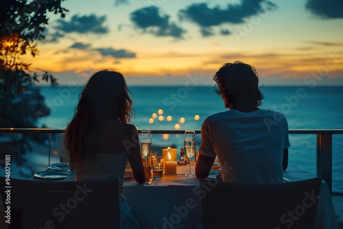 A couple enjoying a romantic dinner on a balcony overlooking the ocean, with candles flickering in the evening breeze
