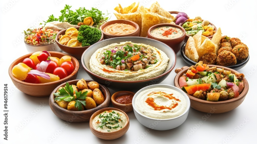 This spread features an assortment of traditional Arabic dishes, including dips, salads, and colorful appetizers arranged beautifully on a table This spread features an assortment of traditional Arabic dishes, including dips, salads, and colorful appetizers arranged beautifully on a table