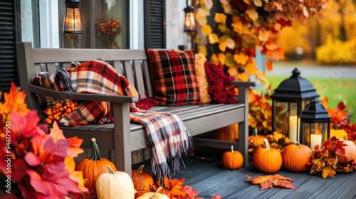 Fototapeta Naklejka Na Ścianę i Meble -  Cozy autumn porch decorated with pumpkins, colorful leaves, lanterns, and warm blankets, creating a welcoming fall atmosphere