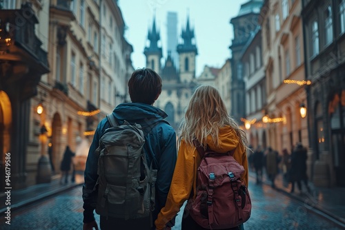 A couple exploring an old European city, holding hands and marveling at the historic architecture