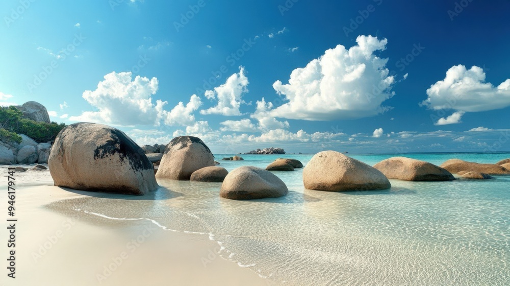 A beach with large granite boulders and a clear blue sea. A beach with large granite boulders and a clear blue sea.