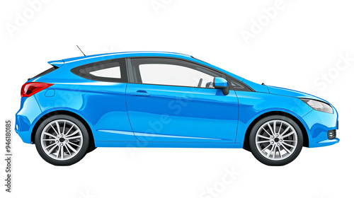 Side View Of Blue Hatchback Car Mock Up isolated on transparent or white background