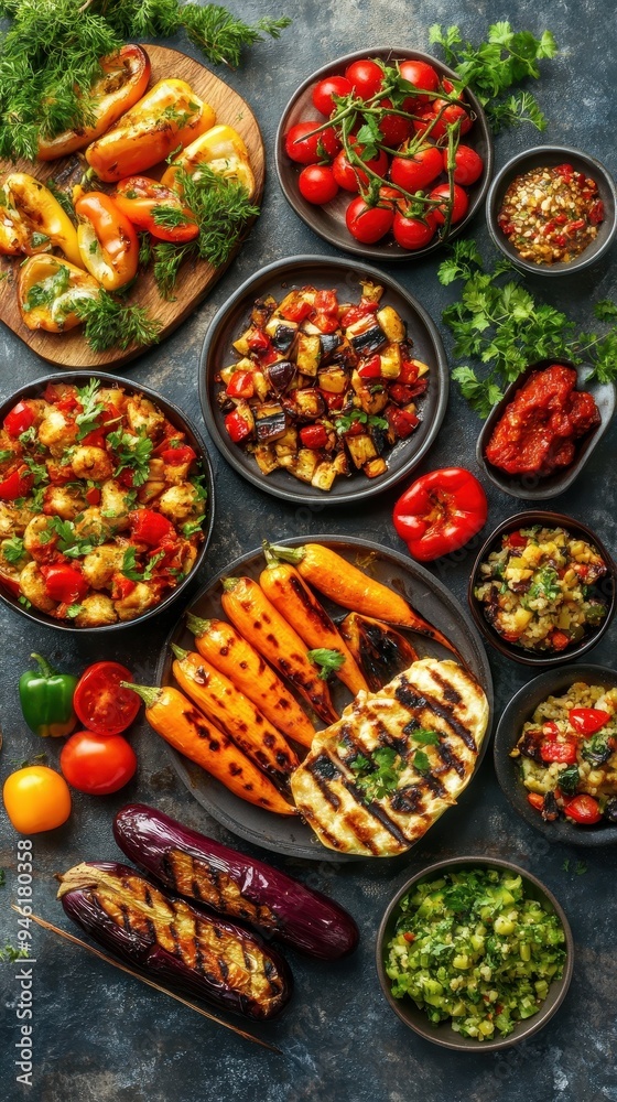 A vibrant assortment of grilled vegetables and fresh ingredients, showcasing colorful dishes arranged attractively on a table A vibrant assortment of grilled vegetables and fresh ingredients, showcasing colorful dishes arranged attractively on a table