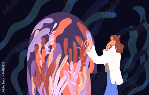 Concept of self knowledge, understanding. Psychology, mental outlook, internal mind. Discovery, search of yourself. Woman finds hope, faith, belief during inner life crisis. Flat vector illustration