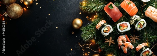Christmas sushi dinner with gold ornaments and garland framing a black background with copy space