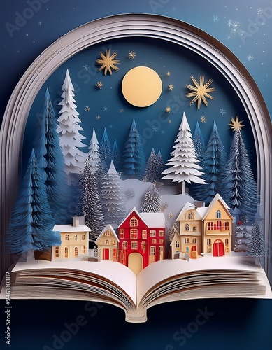 Wallpaper Mural Escena navideña nocturna y acogedora de un pueblo realizado con papel recortado Torontodigital.ca
