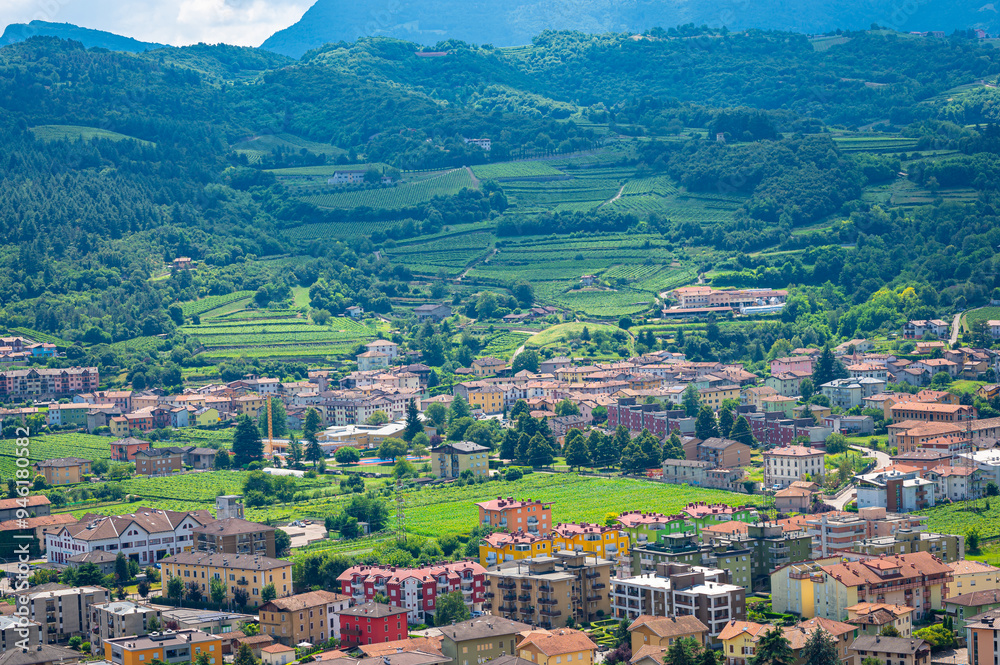 Detailed view of the village of Mori and terraces with viticulture in the Autonomous Province of Trento, Italy Detailed view of the village of Mori and terraces with viticulture in the Autonomous Province of Trento, Italy
