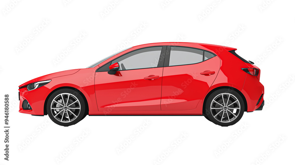 Side View Of Red Hatchback Car Mock Up isolated on transparent or white background Side View Of Red Hatchback Car Mock Up isolated on transparent or white background